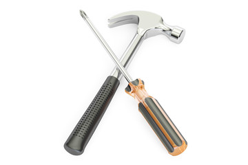 repair service concept, crossed screwdriver and hammer. 3D rende