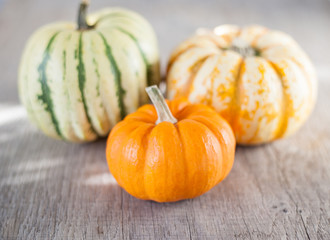 Three gourds on the grey wooden table, selective focus