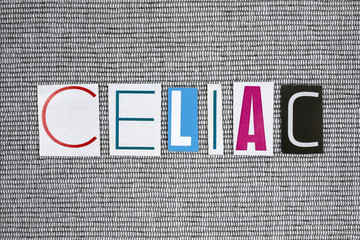 celiac word on grey background