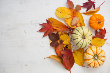 Three gourds with autumn leaves on the white wooden table, selective focus on the green pumpkin;...