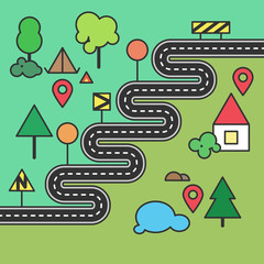 Winding road journey and hiking trip with camping place and pin-pointer in a flat design style