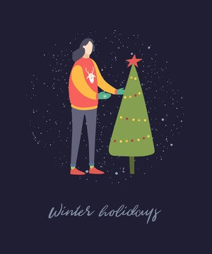 Christmas. Winter holiday. Cartoon girl decorates the Christmas tree. Vector image on a dark background.