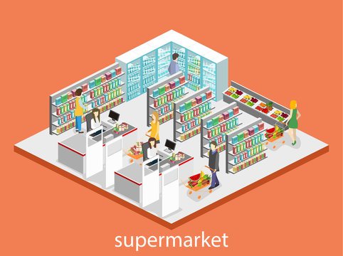 Isometric interior of grocery store. Shopping mall flat 3d isometric web vector illustration.