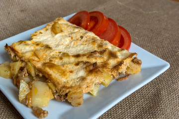 Moussaka - a traditional Balkan specialty with minced meat and potatoes