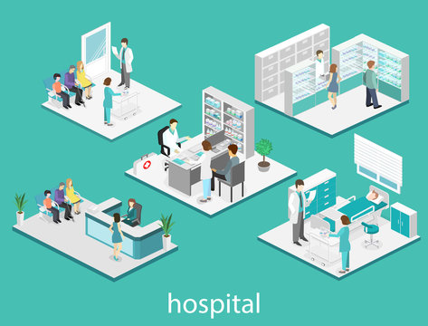 Isometric flat interior of hospital room, pharmacy, doctor's office, waiting room, reception. Doctors treating the patient. Flat 3D illustration