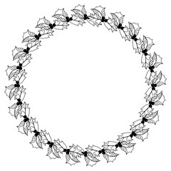 Contour image of Christmas wreath with holly berry. Copy space. 