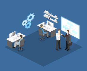 Flat 3D vector isometric concept illustration of office software developer and teamwork. .