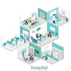 Isometric flat interior of hospital room, pharmacy, doctor's office, waiting room, reception, dentist's office. Doctors treating the patient.Flat 3D illustration