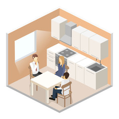Isometric flat 3D interior of modern kitchen