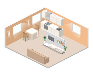Isometric flat 3D concept vector interior of studio apartments.