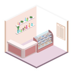 Isometric interior of sweet-shop. People sit at the table and eating.