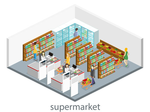Isometric interior of grocery store. Shopping mall flat 3d  web vector illustration.