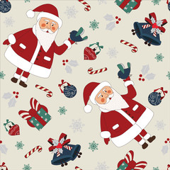 Christmas card with cute santa, snowmen and christmas gifts. EPS8