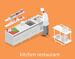 Isometric flat 3D vector interior of professional restaurant kitchen