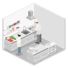 Isometric flat 3D vector interior of professional restaurant kitchen