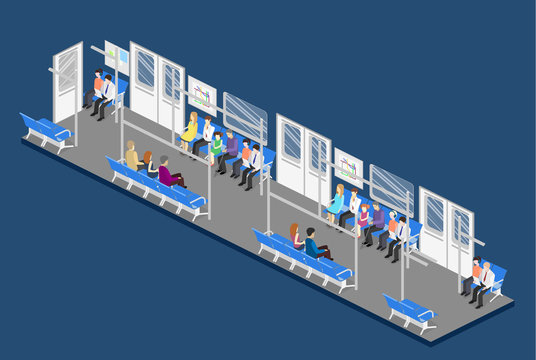 Isometric flat 3D concept vector interior of metro subway carriage.