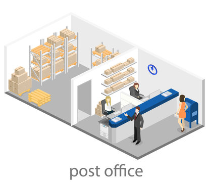 Isometric flat 3D interior of post office.