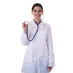 Female doctor assistant scientist in white coat over  isolated background