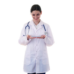 Female doctor assistant scientist in white coat over  isolated background