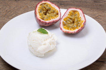 Milk ice cream with Passion fruit topping