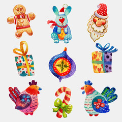 Christmas and New Year holiday Icons and colorful watercolor illustration set . Christmas Watercolor icons, elements collections and illustration. 