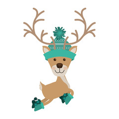 reindeer jumping with woolen christmas hat aquamarine vector illustration