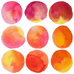 Set with vector isolated watercolor paint circles. Red, orange colors.