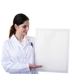 Female doctor assistant scientist in white coat over  isolated background