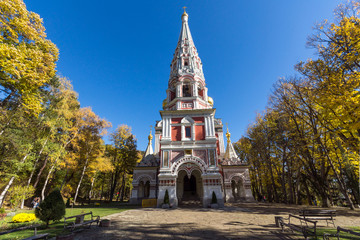Fototapeta na wymiar Russian church (Monastery Nativity) in town of Shipka, Stara Zagora Region, Bulgaria
