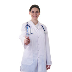 Fototapeta premium Female doctor assistant scientist in white coat over isolated background