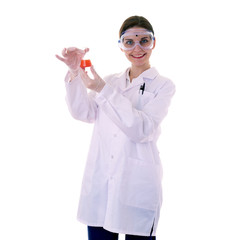 Female assistant scientist in white coat over  isolated background