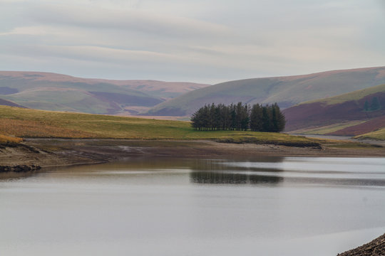 Trees reflected in the Craig Goch Reservoir, on edge of Mid-Wale