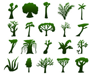 Tropical trees hand-drawn silhouettes. Green silhouettes of exotic plants isolated