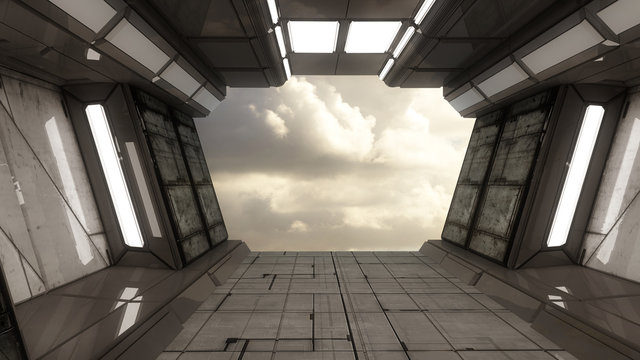 Futuristic hall alien spaceship