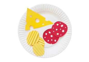 snacks from a paper. slice of cheese, salami and potato chips made of colored paper on a disposable plate. the concept of junk food. isolated on white background, top view