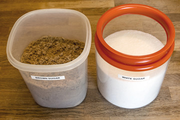 White and brown sugars in simply labeled open containers