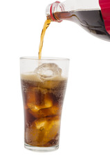 soft drink being poured into glass with Ice on a background