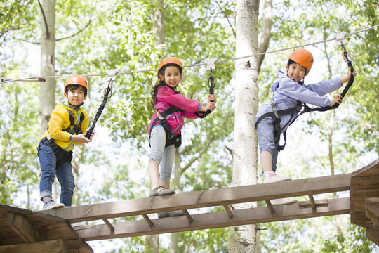 Happy children playing in tree top adventure park