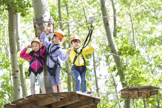 Happy children playing in tree top adventure park