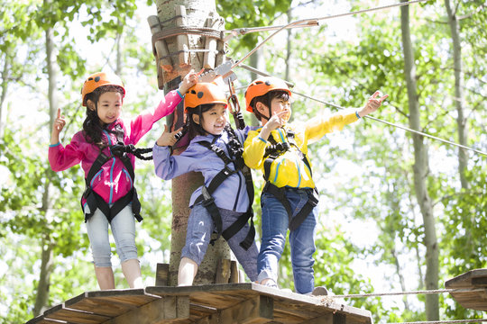 Happy children playing in tree top adventure park