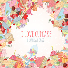 Hand drawn background of doodle style cupcakes