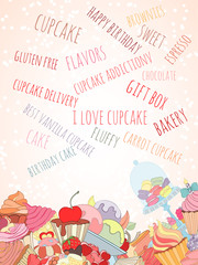 Hand drawn background of doodle style cupcakes