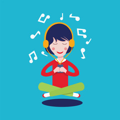 Happy Girl with headphones listening to the music.