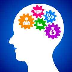 Pictograph of gear in head. think design, vector illustration isolated on blue background.