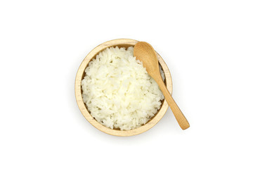 Isolated Cooked Jasmine rice in the wooden bowl on white background