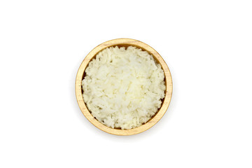 Isolated Cooked Jasmine rice in the wooden bowl on white background
