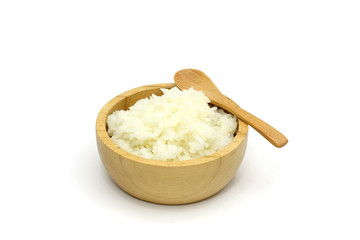 Isolated Cooked Jasmine rice in the wooden bowl on white background