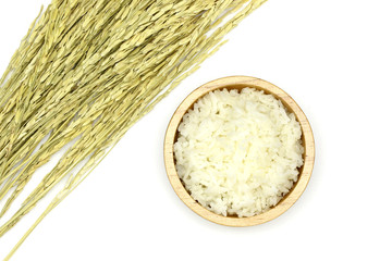 Isolated Cooked Jasmine rice in the wooden bowl with ear of rice on white background