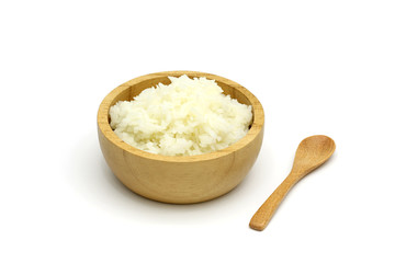 Isolated Cooked Jasmine rice in the wooden bowl on white background