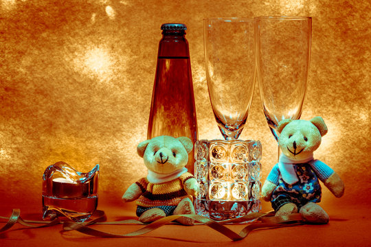 Cool Champagne and couple glass with Lover bear.